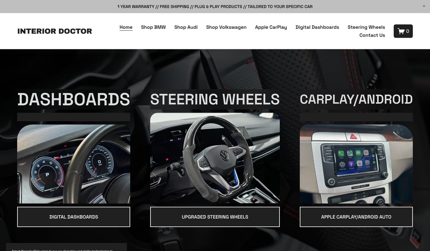 The Interior Doctor homepage, our own business, showing the three product categories.